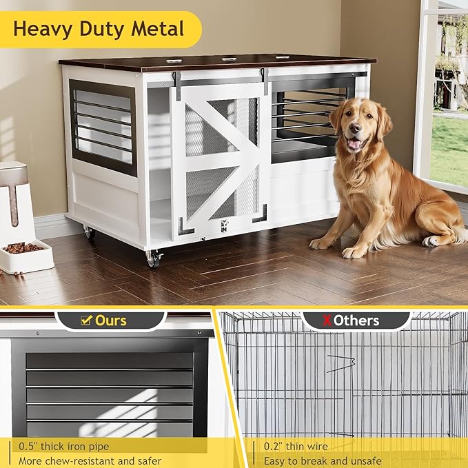 47 inch XL Dog Crate Furniture with Top-Access Teasing/Feeding Doors, Farmhouse Wooden Decorative Dog Crates with Wheels, Chew-Resistant Dog Crates End Table for Medium&Large Dogs, White