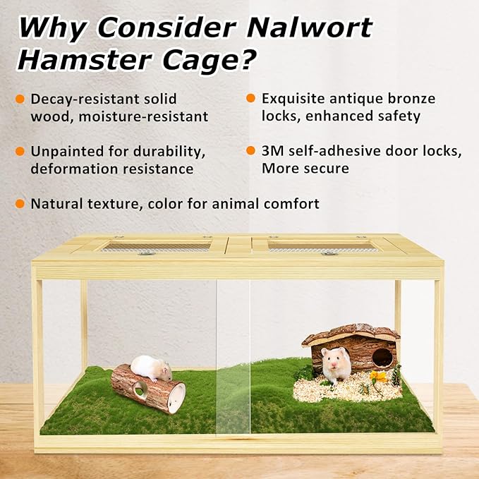 32" Hamster Habitat Enclosure, Lockable Sliding Door Gerbil Cage, Dwarf Hamster Cage with Metal Mesh Roof, Chewproof Syrian Hamster Cage for Mice, Small Animal, (Wooden, 32" L x 16" W x 16" H)
