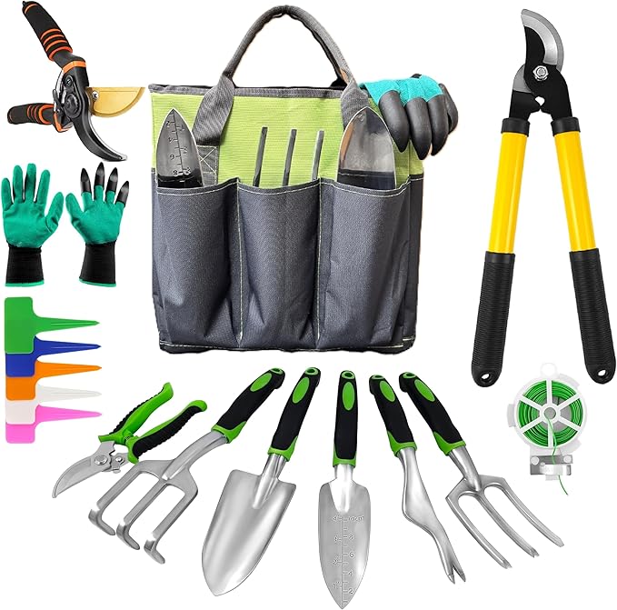 Gardening Tools – 42 Piece Premium Gardening Tool Set,Heavy Duty Hand Tools with Fashion Garden Tools Organizer Handbag,Rust-Proof Gardening Tool Kit, Ideal Gardening Gifts for All (Green/Grey)