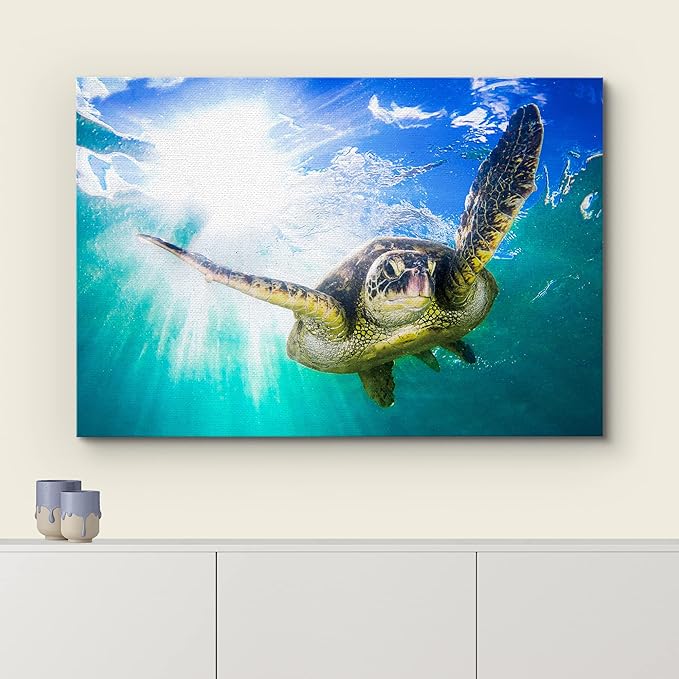 wall26 Canvas Print Wall Art Sunlight Tropical Ocean Underwater Turtle Nature Animals Photography Realism Rustic Scenic Landscape Wilderness Earth Colorful for Living Room, Bedroom, Office - 16"x24"