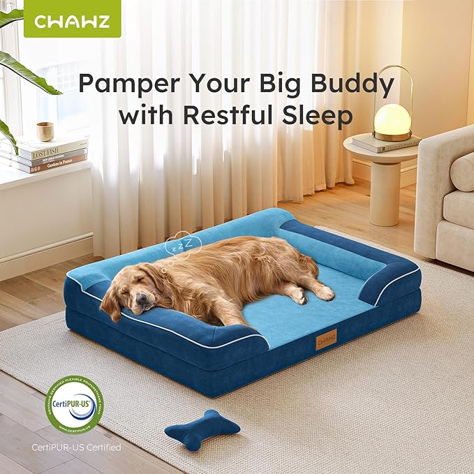 XXL Dog Bed for Extra Large Dogs, Giant Orthopedic Dog Bed with Cooling Gel Memory Foam, Waterproof Pet Bed with Removable Washable Cover, 53" Pet Sofa Bed Dutch Velvet with Bone Toy, Navy Blue