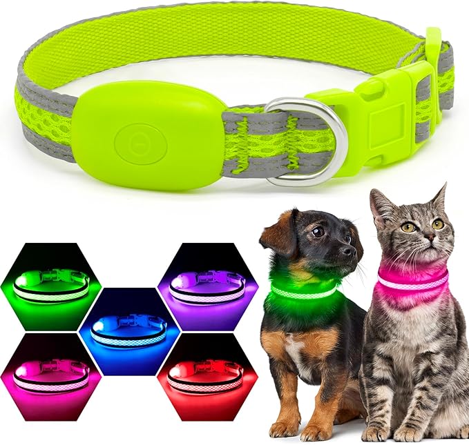 Flashseen LED Cat Collar,Light Up Dog Collar Rechargeable, Dog Lights for Night Walking, Comfortable Soft Mesh Pet Collar Adjustable for Cats Puppy and Small Dogs(Neon Green, XS)
