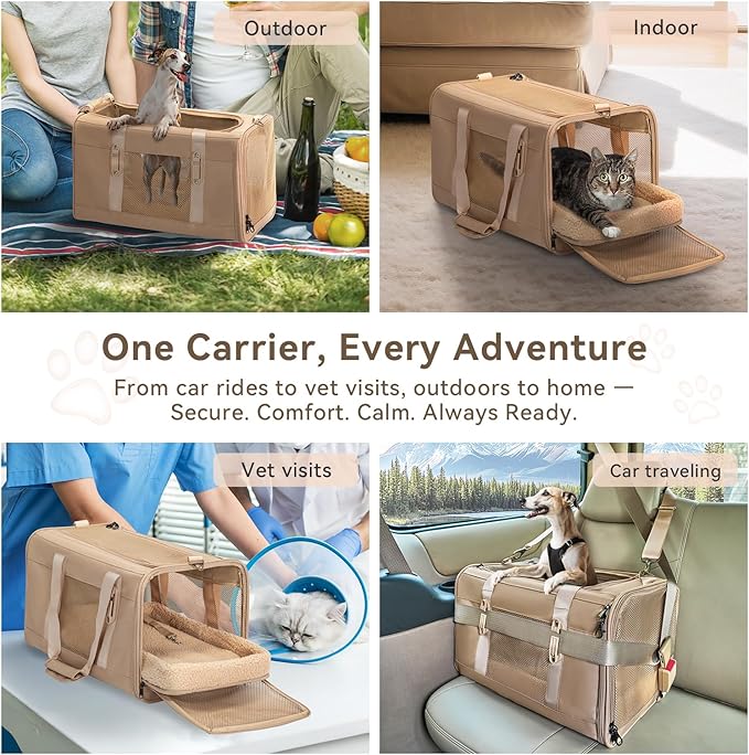 Petsfit 19x12x12 Pet Carrier for Large Cats (up to 20 lbs), Soft-Sided Small Dog Travel Carrier, Upgraded with Patented Buckle and Soft Padding, Ideal for Car Road Trips,Khaki