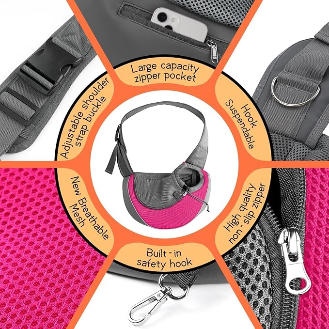 YUDODO Pet Sling Carrier for Small Dogs & Cats – Hands-Free Puppy Carrier with Safety Hook, Large Zipper Pocket, Soft Breathable Mesh, Adjustable Strap & Reflective Strip (Pink 1.0 L)