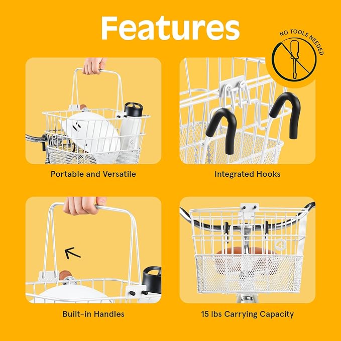Retrospec Apollo Detachable Front Bike Basket Steel Half-Mesh with Integrated Detachable Hooks and Built-In Handle, Easy Assembly and Portability for Bicycles