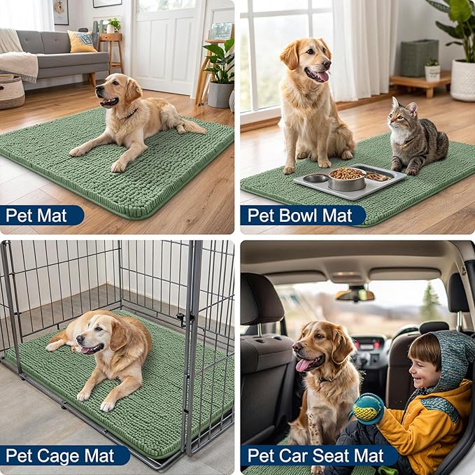 Smiry Dog Door Mat for Muddy Paws 48x30, Absorbs Moisture and Dirt Doormat, Non-Slip Washable Quick Dry Chenille Front Door Mat Indoor Entrance, Entryway Carpet for Inside Floor, Olive Green