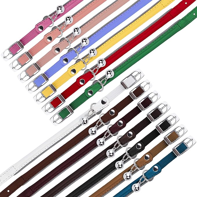OOPSDOGGY Rolled Leather Cat Collar with Bell, Reflective Kitten Collars with Buckle Include Safety Elastic Strap - Adjustable Small Pet Collars for Boy Girl Cats (Dark Brown)