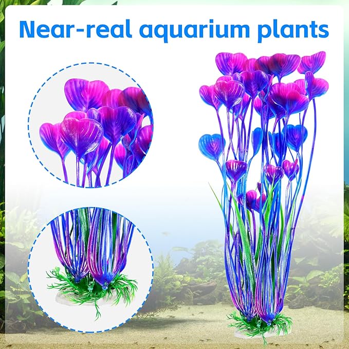 AQUANEAT Artificial Fish Tank Plants, Plastic Aquarium Accessories Large, 15.5 inch Purple Decorations, 2pcs