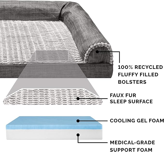 Furhaven Cooling Gel Dog Bed for Large Dogs w/ Removable Bolsters & Washable Cover, For Dogs Up to 125 lbs - Luxe Faux Fur & Performance Linen Sofa - Charcoal, Jumbo Plus/XXL
