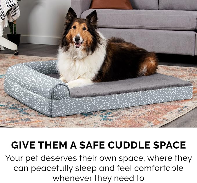 Furhaven Cooling Gel Dog Bed for Large Dogs w/ Removable Bolsters & Washable Cover, For Dogs Up to 125 lbs - Plush & Almond Print L Shaped Chaise - Gray Almonds, Jumbo Plus/XXL