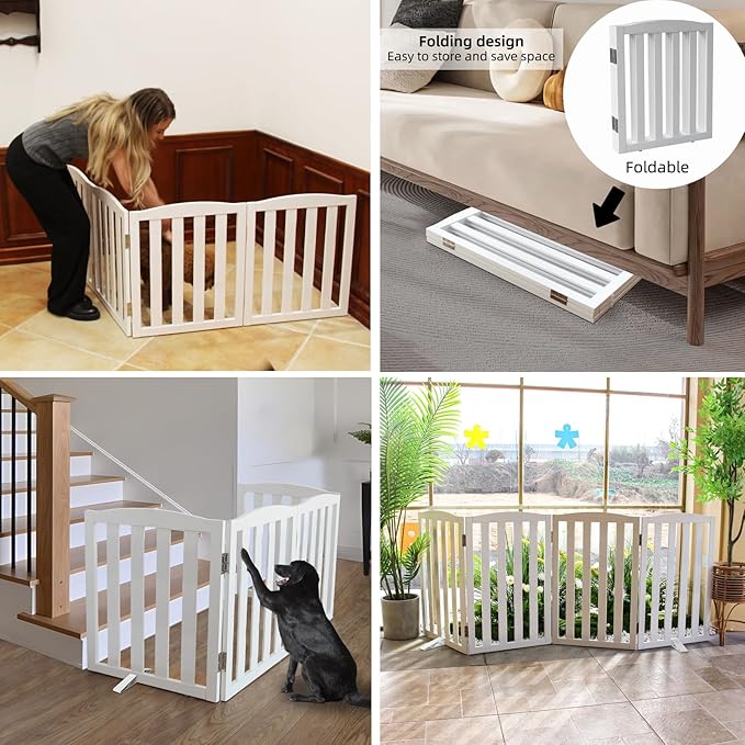 ZJSF Foldable Freestanding Indoor Dog Gate for House Wood White Long Pet Gates Dog Fence for Stairs Puppy Gates for Hallways,Pet Fence, Puppy Gate,Support Feet Included 32 "Height-6 Panels