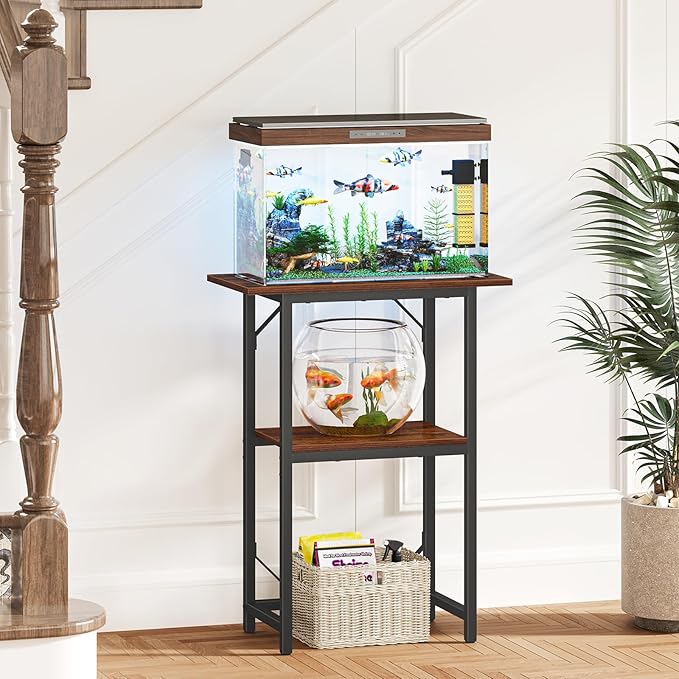 Snughome 10-20 Gallon Fish Tank Stand, Aquarium Stand 2-Tier Storage Shelves, Heavy Duty Terrarium Stand for Home Office Fish Tank Shelf, 24" L x 11.8" W x 30.7" H, Rustic Brown
