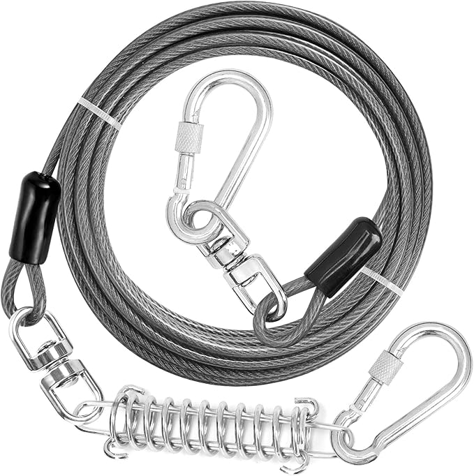 jenico Dog Tie Out Cable - 25ft Dog Lead for Yard - Heavy Duty Dog Chain with Shock Spring - Outdoor Tether Leash for Small Large Dogs Up to 500 lbs