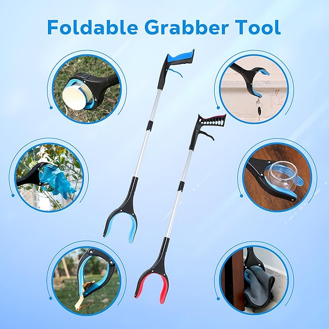 Grabber Reacher Tool - 32” Extra Long Foldable Gripper and Reaching Tool - Heavy Duty Pick Up Stick Grabbers for Seniors, Trash, Surgery Recovery Must Haves Gifts (Blue-2pc)
