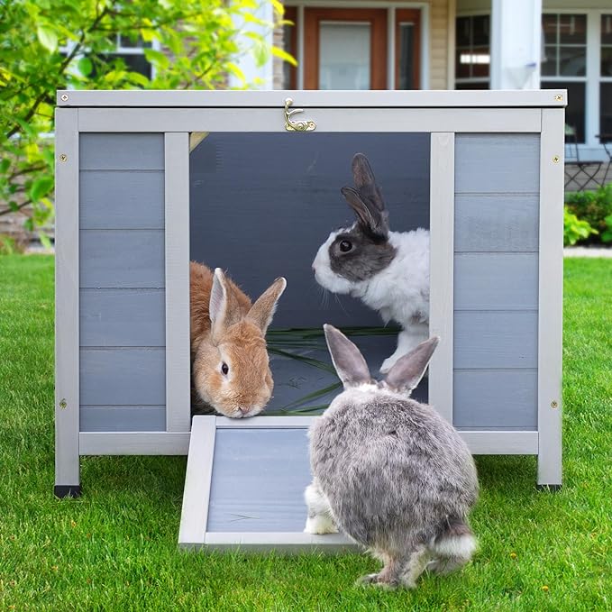 COZIWOW 24inches Wooden Catio Outdoor Cat House Small Animal House，Rabbit Hutch Indoor，Stable Weatherproof Bunny Cage Pet Shelter for Small Cat Dog Rabbit Guinea Pig (Grey)