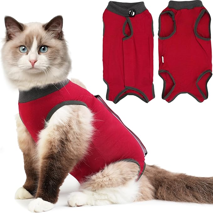 Cat Recovery Suit for Spay Abdominal Wounds, Kitten Onesie Bodysuit for Cats After Surgery, Cat Surgery Recovery Suit Female Cone of Shame Alternative for Cats Anti Licking (Red,M)