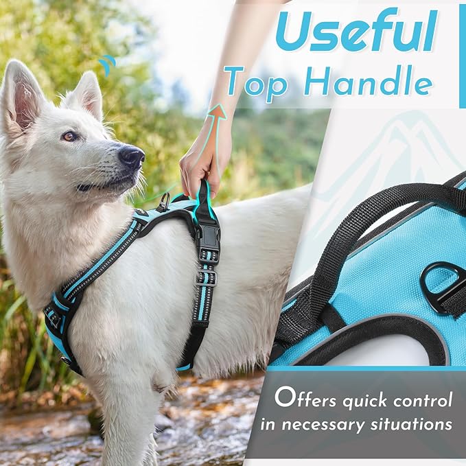 Eagloo Dog Harness Large Breed, No Pull Service Vest with Reflective Strips and Control Handle, Adjustable and Comfortable for Easy Walking, No Choke Pet Harness with 2 Metal Rings, Sky Blue, XL