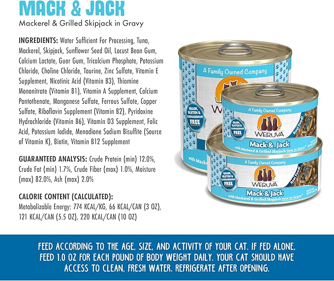 Weruva Classic Cat Food, Mack & Jack with Mackerel & Grilled Skipjack in Gravy, 10oz Can (Pack of 12)