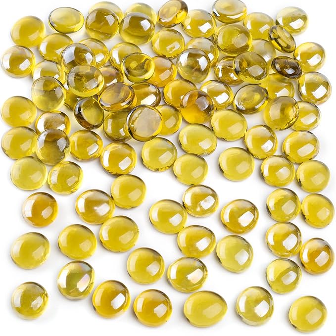 FUTUREPLUSX 1LB Yellow Glass Marbles, Flat Marbles Glass Beads Vase Fillers Decorative Rocks Gold Gemstones for Centerpieces Aquarium Table Scatter Home Decor