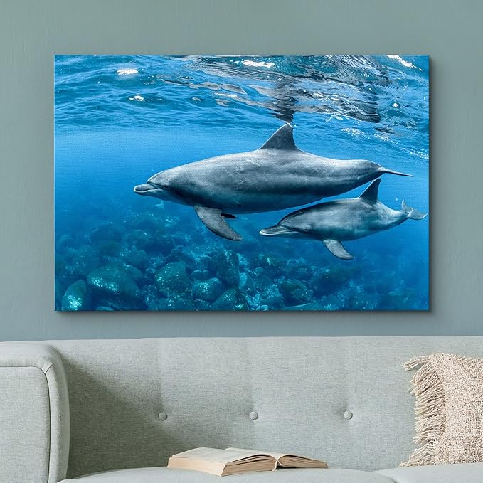 wall26 Canvas Print Wall Art Tropical Ocean Sea Underwater Dolphin Duo Nature Animals Photography Realism Rustic Scenic Landscape Wilderness Earth Colorful for Living Room, Bedroom, Office - 12"x18"