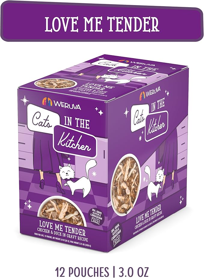 Weruva Cats in The Kitchen, Love Me Tender with Chicken & Duck in Gravy Cat Food, 3oz Pouch (Pack of 12)