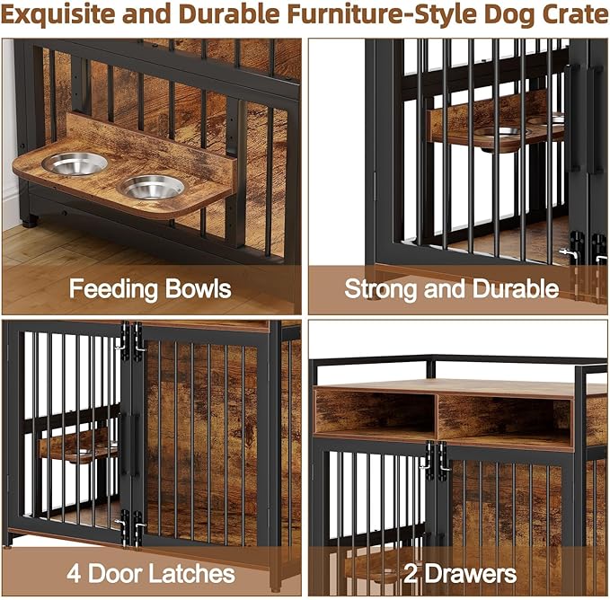Large Dog Crate Furniture, 48 Inch Wooden Dog Crate, Heavy Duty Dogs Kennel with 2 Drawers Storage, 360° Adjustable Raised Feeder, Indoor Dogs House End Table