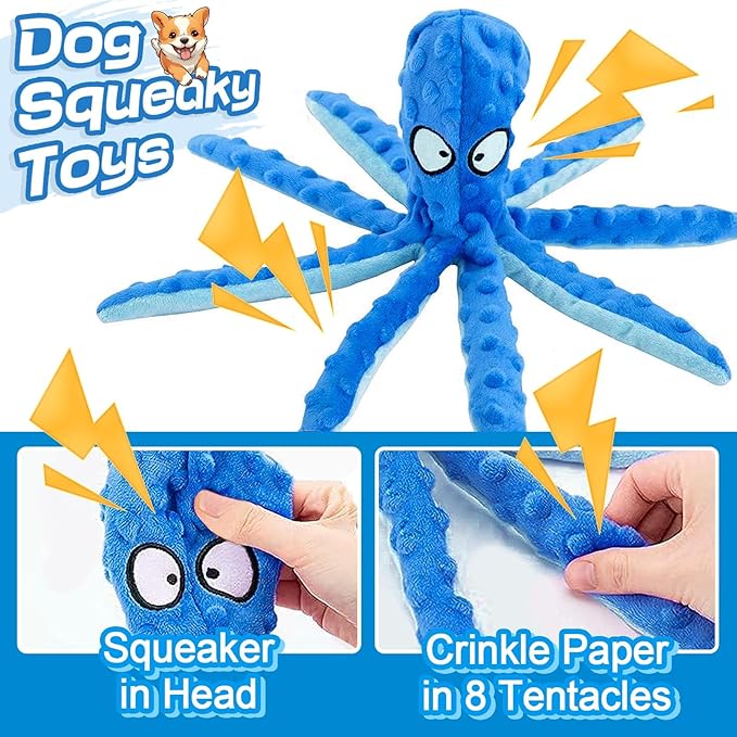 Alphatool Squeaky Dog Toys - Soft Plush Chew Crinkle Puppy Toys to Keep Them Busy, Octopus No Stuffing Interactive Essentials for Teething Small Medium Pets Dogs Gifts - 1pcs