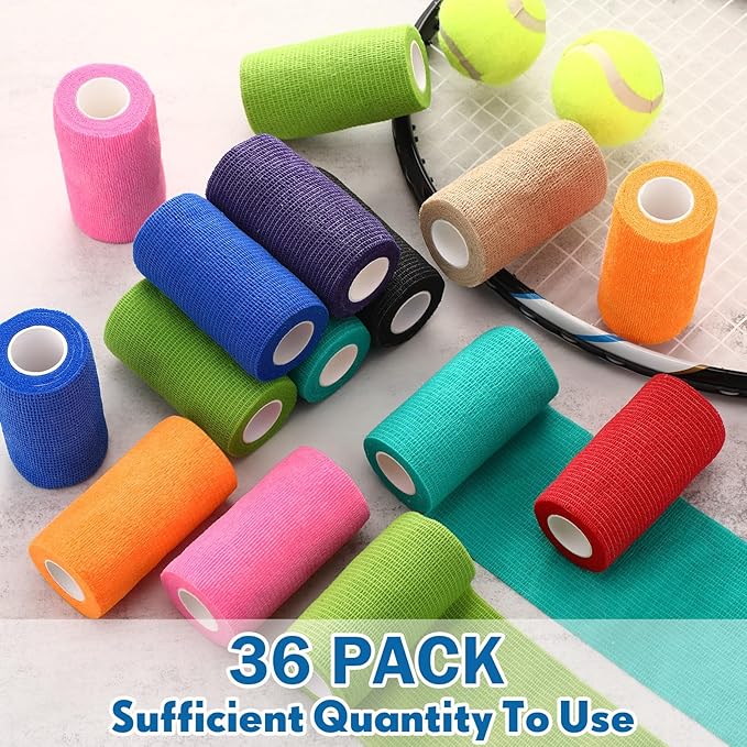 Treela 36 Pcs Self Adherent Bandage 4" X 5 Yard Wrap Breathable Cohesive Bandage Elastic Adhesive Tape for Stretch Athletic Sports Wrist Ankle(Assorted Color)