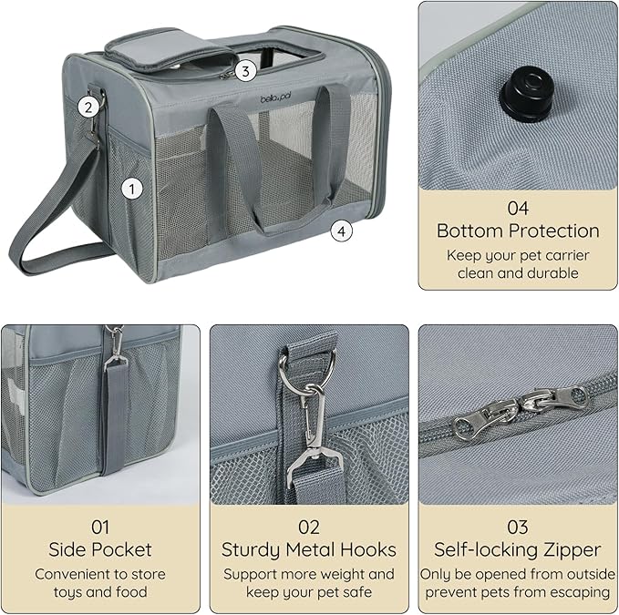 BELLA & PAL Cat Carrier Travel Bag, Airline Approved Lightweight Cat Carrier, Soft Sided Pet Carrier for Puppy Dogs Up to 18lbs, Collapsible Kitten Bag with Removable Waterproof Mat, Ventilated Mesh