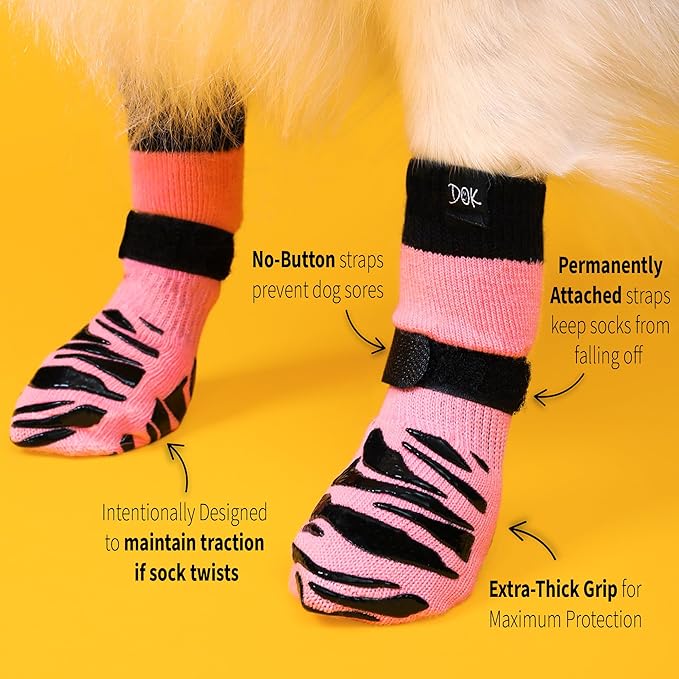 DOK TigerToes Premium Non-Slip Dog Socks for Hardwood Floors - Extra-Thick Grip That Works Even When Twisted - Prevents Licking, Slipping, and Great for Dog Paw Protection (XXS, Sassy Pink)