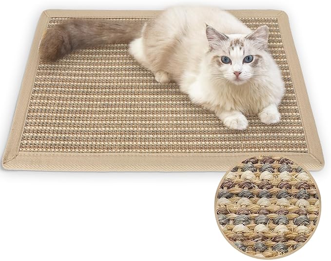 FUKUMARU Cat Scratcher Mat, 23.6 X 15.7 Inch Natural Sisal Cat Scratch Mats, Horizontal Cat Floor Scratching Pad Rug, Protect Carpets and Sofas (Cream - Thicken)