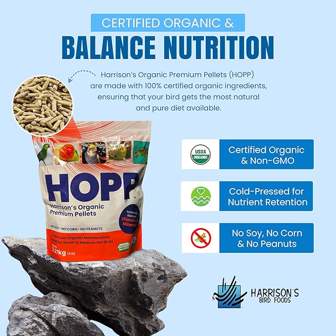 Harrison's Bird Foods HOPP Premium Pellets – Organic, Nutritionally Balanced Food for Small to Medium Pet Birds, Cold-Pressed, Low Fat, Vet-Developed, 5LB