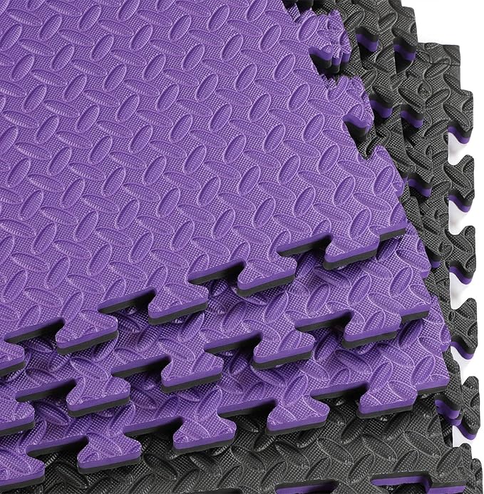 Xspec 1" Extra Thick 48 sq ft Reversible EVA Gym Foam Floor Mat Tiles (24" x 24"), Steel Pattern, 12 pcs, Black/Purple
