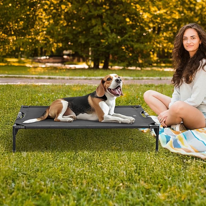 Petsfit Elevated Raised Outdoor Dog Bed - Cooling Elevated Dog Cot, Upgraded Adjustable Firmness Pet Bed，Pet Hammock Bed with Chew Proof Breathable Teslin Mesh，Non Slip, Black 42”