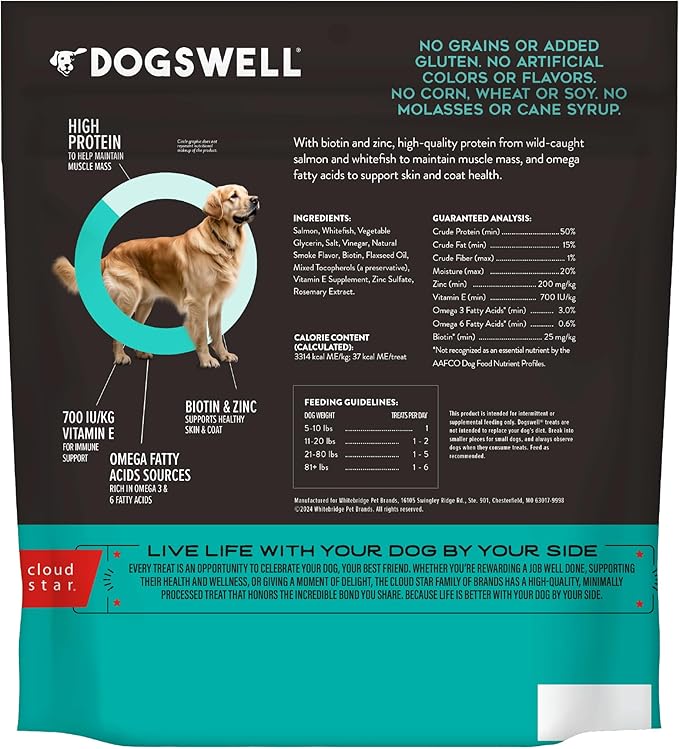DOGSWELL Jerky Treats for Dogs, Skin and Coat Salmon Recipe 18 oz., 29235