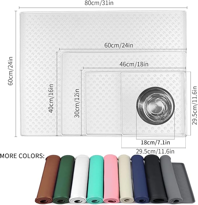 Ptlom Pet Placemat for Dog and Cat, Waterproof Silicone Pet Feeding Bowl Mats for Food and Water, Small Medium Large Dogs Mat Prevent Residues from Spilling to Floor, White, 31.5" 23.6"