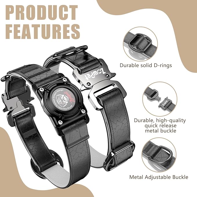 AirTag Dog Collar - Leather Dog Collar with Airtag Holder | IP68 Waterproof AirTag Holder with Metal Buckle, Comfortable GPS Dog Collars Tracker for Medium Large Dogs (Black, XL)