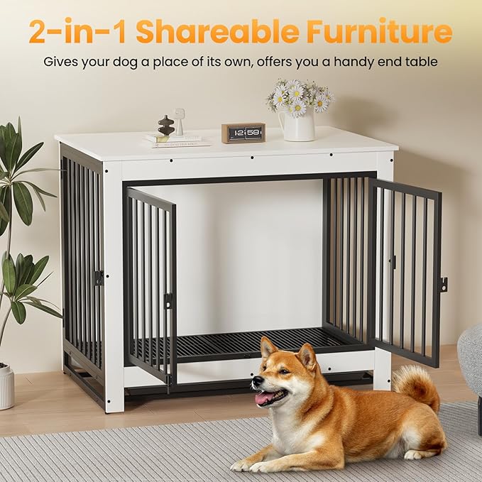 Dog Crate Furniture, Dog Crate End Table for Medium and Large Dogs,Wooden Cage Kennel Furniture Indoor, Modern Dog Crate with Multi-Purpose Removable Tray, Double-Doors Dog Furniture, White