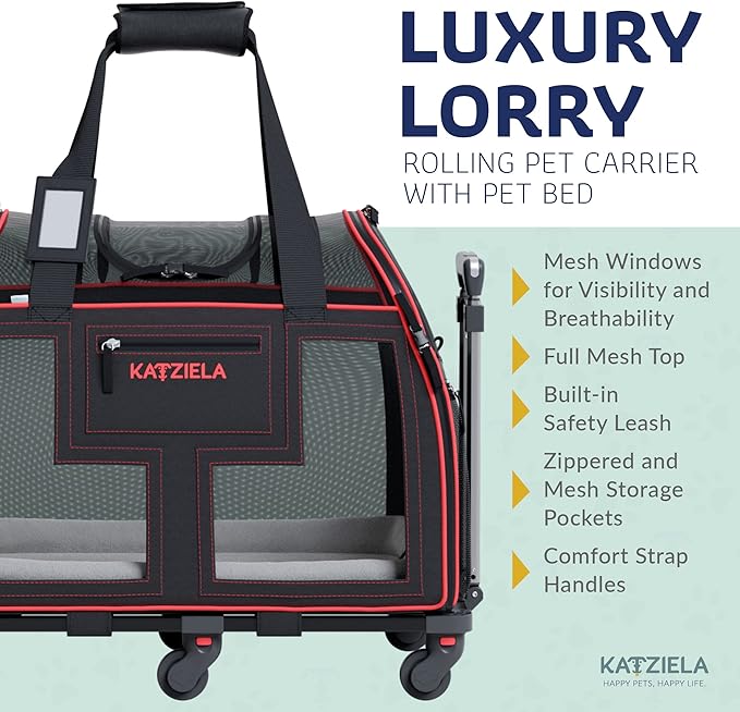 Airline Compliant Pet Carrier - Rolling Portable Travel Carry Crate for Small Dog Puppy or Cat - Soft Removable Wheeled Design with Mesh Window Sides - Airplane and TSA Compliant- by Katziela