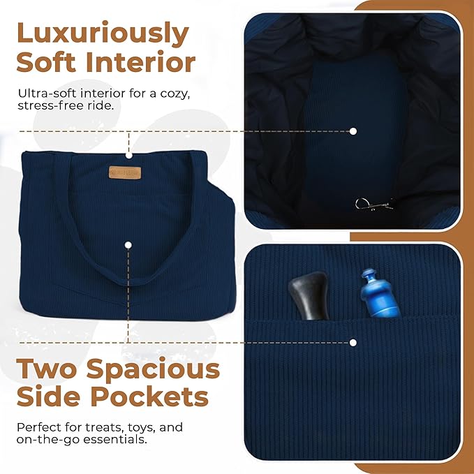 Corduroy Dog Carrier - Lightweight Cotton Soft-Sided Pet Tote with Safety Harness Clip - Breathable Travel Carrier for Small Dogs and Puppies (Dark Blue)