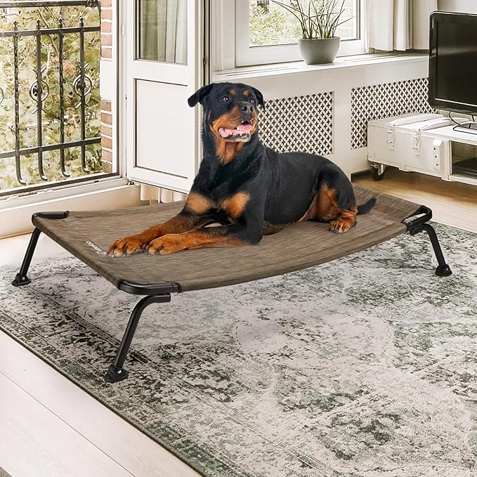 Veehoo Outdoor Elevated Dog Bed, Cooling Raised Dog Cot Bed XL, Portable Waterproof Curved Dogs Hammock Beds for Outside, up to 150lbs, Black Legs, Brown 49"