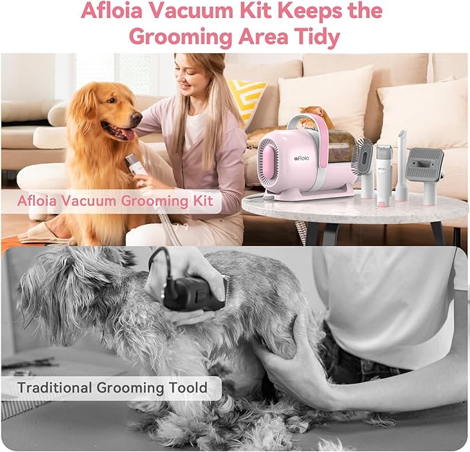Afloia 6-in-1 Dog Grooming Kit, Pet Grooming Vacuum for Shedding, Dog Hair Vacuum with Clipper Nail Trimmer Grinder, Pet Brush Groomer at Home, Low Noise Cats Hair Remover, 1.5L Dust Cup, Pink