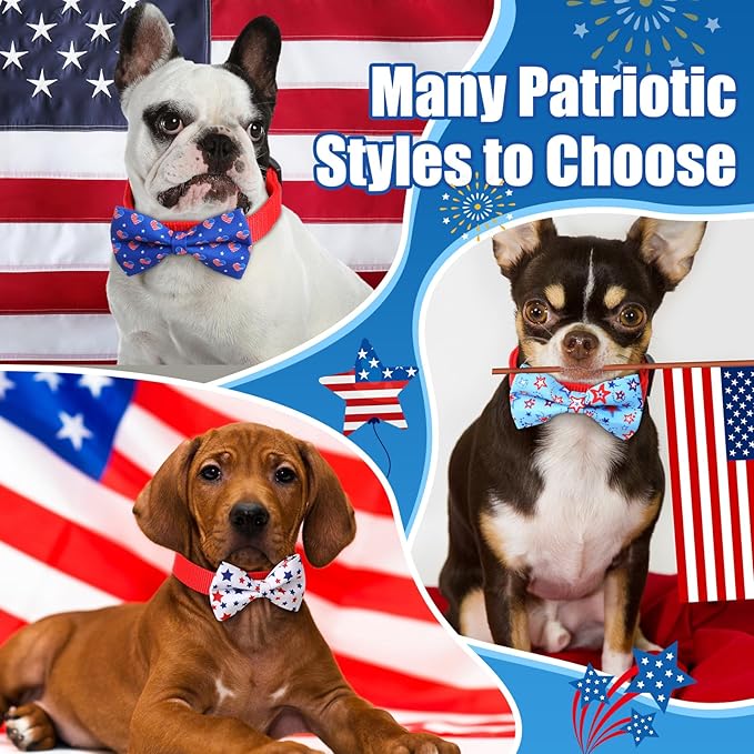 Hillban 50 Pcs Patriotic Collar Dog Bow Ties Blue and Red Star Print Dog Collar Accessories Bow Ties Attachment with Elastic Bands Detachable Charms for Pets Collar 4 of July Costume