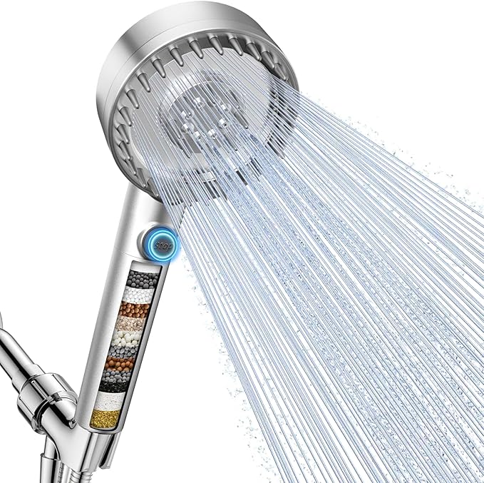 Filtered Shower Head with Handheld, High Pressure 4 Spray Mode Showerhead with Filters, Water Softener Beads for Hard Water with ON/OFF Switch for Pets - Remove Chlorine (Silver, 5 inch Panel)