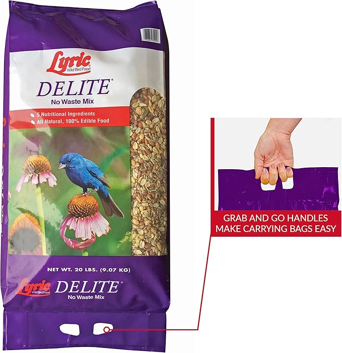 Lyric Delite Wild Bird Seed - No Waste Bird Food Mix with Shell-Free Nuts & Seeds - Attracts Buntings, Chickadees & Finches - 20 lb bag