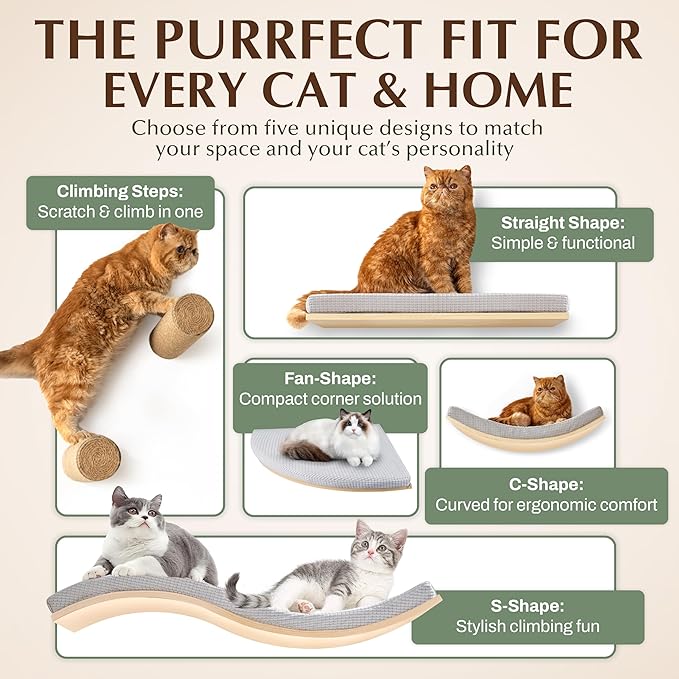 Extra Large 23.6”×14.6” CALLICO HAVEN- Stylish Cat Wall Shelves with Curved Design, Modern Wall-Mounted Cat Tree Hammock with Soft Cushion, Sturdy/Hidden Mounts, Washable Cover, Sleek Design -C Shape