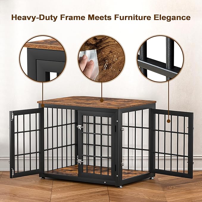 32 Inch Heavy Duty Dog Crate Furniture for Medium and Small Dogs, Decorative Pet House End Table, Wooden Cage Kennel Furniture Indoor, Rustic Brown