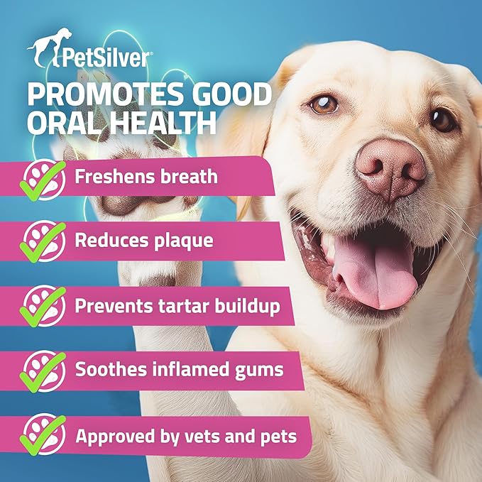 PetSilver Teeth & Gum Spray - Dog Dental & Teeth Cleaning Spray for Plaque & Tartar Build-Up Reduction - Natural Breath Freshener for Dogs and Cats - Patented Chelated Silver - Made in The USA - 4 oz