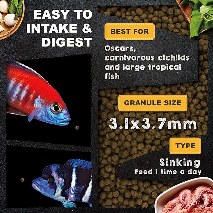 Royal Cichlid Premium Sinking Fish Food, Wild Sword Prawns, All Natural Ingredients, Carnivore Pellets for Large Tropical Fish, 16 oz