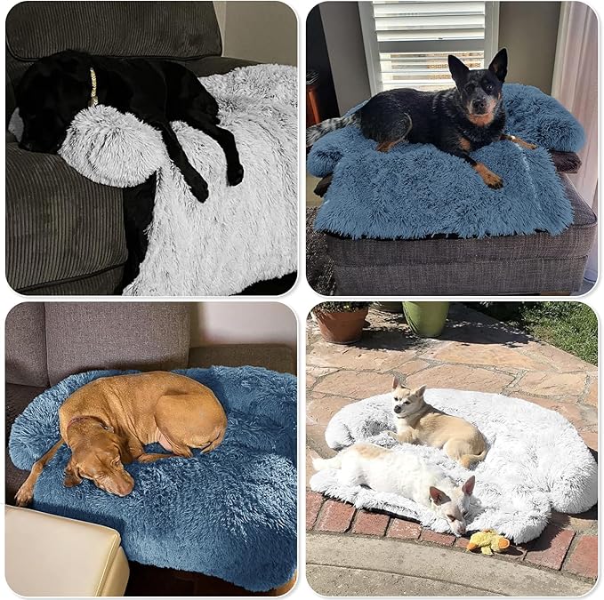 GGIB Calming Dog Bed Fluffy Plush Dog Mat for Furniture Protector with Removable Washable Cover for Large Medium Small Dogs and Cats (Extra Large (53x39.3x6), Navy)